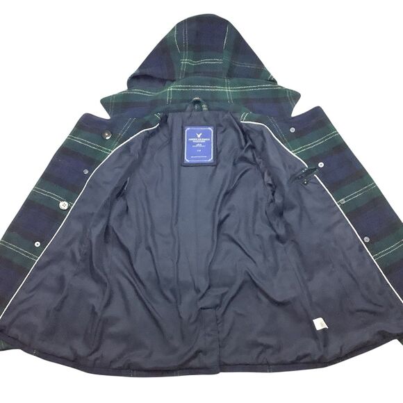 American Eagle Wool Blend Plaid Hooded Pea Coat Jacket Women M L Green Blue Y2K - Picture 4 of 12